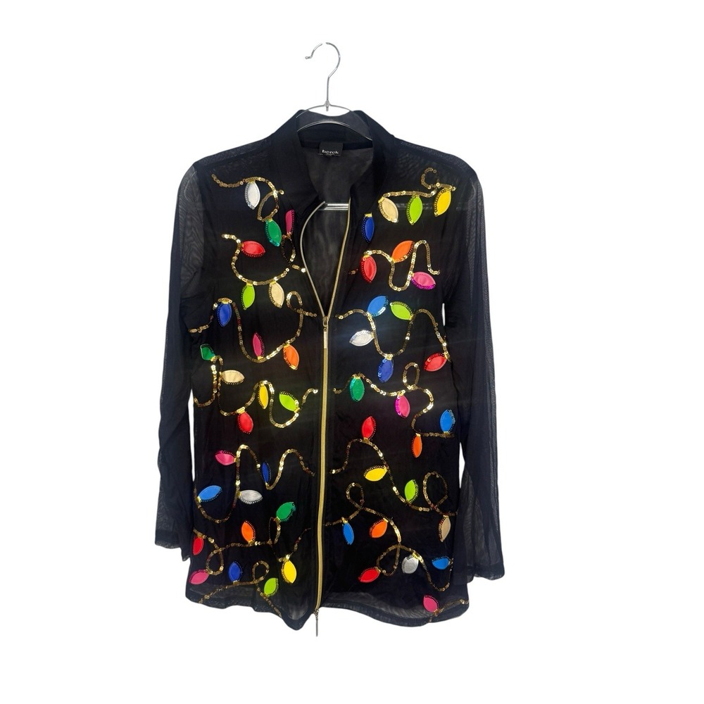 Berek Christmas Cardigan Top M Mesh Zip Up Christmas Lights Holiday Party